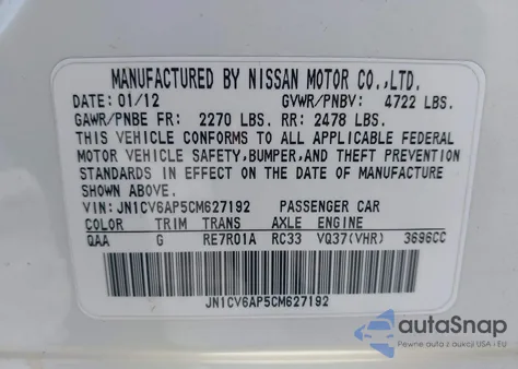 2012 Infiniti G37 Journey from USA, damaged, VIN JN1CV6AP5CM627192